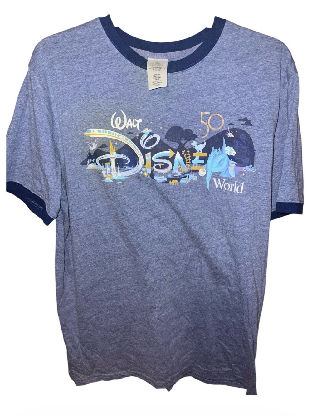 Disney Heather Blue and Navy 50th Anniversary Graphic Ringer Tee